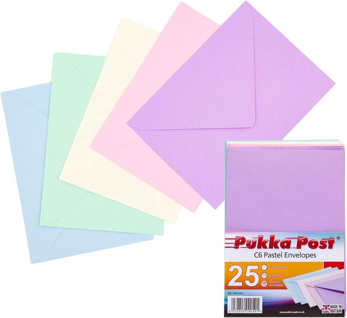 CW Office Pukka Post C6 Pastel Envelopes Pack 25, set of colorful pastel envelopes in blue, green, yellow, pink, purple, and a box displaying the product packaging