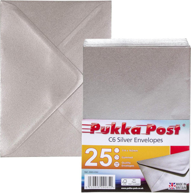 CW Office Pukka Post C6 Silver Envelopes Pack 25, silver gummed envelopes for mailing.