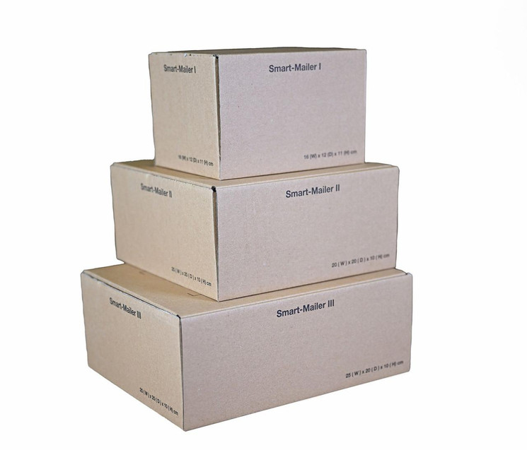 CW Office Smart Mailing Box 160x120x110mm BR PK20, set of three cardboard mailing boxes stacked, perfect for secure shipping and packaging.