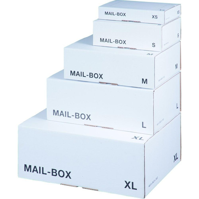 Product CW Office ValueX Mailing Box Size XL White PK20, a stack of five white mailing boxes with size labels XL, L, M, S, and XS, designed for shipping and mailing purposes.