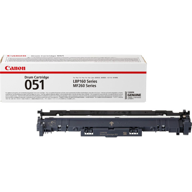 Canon 051 Drum Unit, image showing the black drum cartridge placed in front of the packaging box with product details visible, used for high-volume printing in compatible Canon printers.