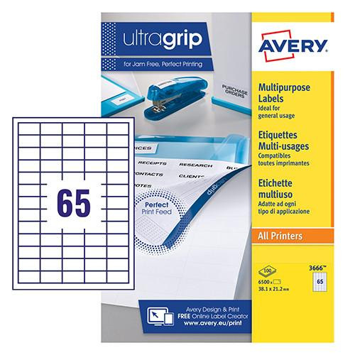 CW Office Avery Multipurpose Label 38x21.2mm 65 Per A4 Sheet White, sheet of 65 white labels with grid design for easy customization and printing used for various office purposes.