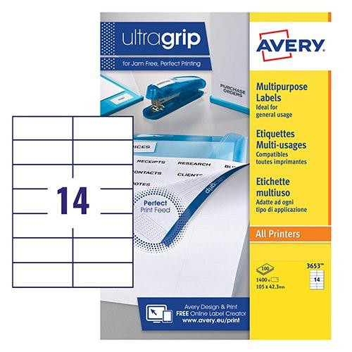 CW Office Avery Multipurpose Label 105x42.3mm 14 Per A4 Sheet White (Pack 1400 Labels), close-up of a sheet of white labels with black borders and numbering, designed for versatile office use.