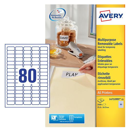 CW Office Avery Multipurpose Mini Removable Labels, white adhesive labels on A4 sheets for temporary labeling, featuring 80 labels per sheet, 35.6x16.9mm size, pack of 2000 labels, model L4732REV-25.