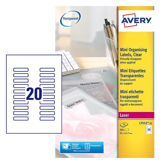 CW Office Avery Laser Mini Label 55x122mm 25 Per A4 Sheet Clear Pack 500 Labels, clear mini organizing labels for laser printers shown on packaging with sample labels and office supplies.