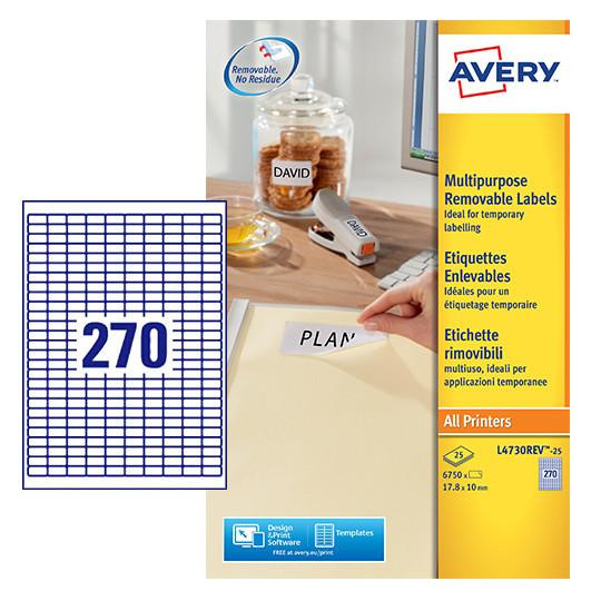 Product CW Office Avery Multipurpose Mini Removable Label 17.8x10mm 270 Per A4 Sheet White (Pack 6750 Labels) L4730REV-25, showing a sheet of white labels with 270 labels, a label being peeled, and a label printer in the background.