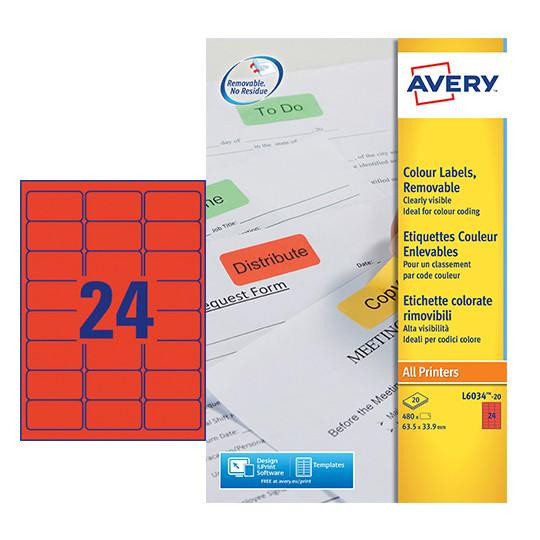 CW Office Avery Coloured Label 63.5x34mm 24 Per A4 Sheet Red, a pack of 480 removable, colour-coded labels designed for easy coding and organization.