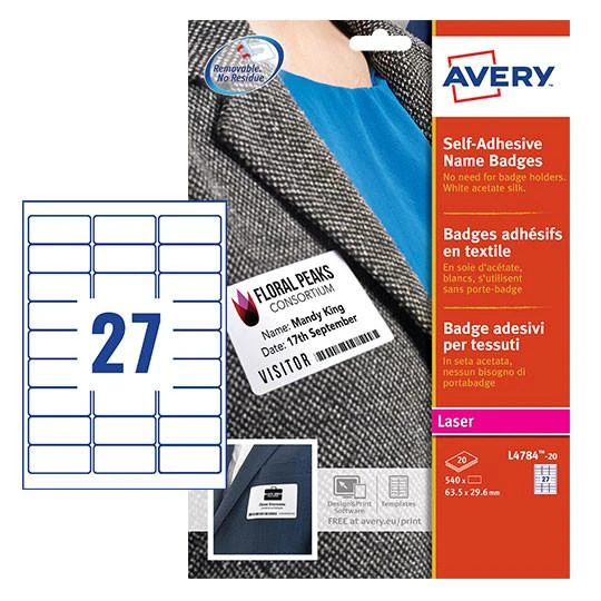 Product CW Office Avery Self-Adhesive Name Badge 63.5x29.6mm White (Pack 540) L4784-20, image of a white blank name badge with a blue number 27 on a grid background, attached to a person's suit jacket showing how it can be used.