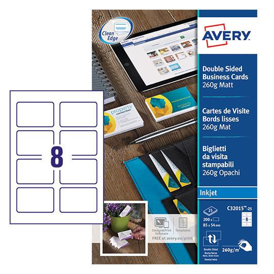 CW Office Avery Business Card Double Sided 8 Per Sheet 260gsm Matt (Pack 200) C32015-25, image of business cards and printing supplies.