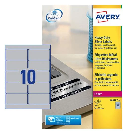 CW Office Avery Laser Heavy Duty Label 96x50.8mm 10 Per A4 Sheet Silver, close-up of a sheet of durable, weatherproof silver labels on a computer desk.