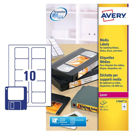 Product CW Office Avery Laser 3.5 inch Diskette Label 70x52mm White, image of a pack of 250 white labels designed for labeling disks, videos, and slides, with a label sheet and a printer on the desk.