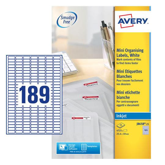 CW Office Avery Inkjet Mini Label 25x10mm 189 Per A4 Sheet White, product packaging with label sheet design and description.