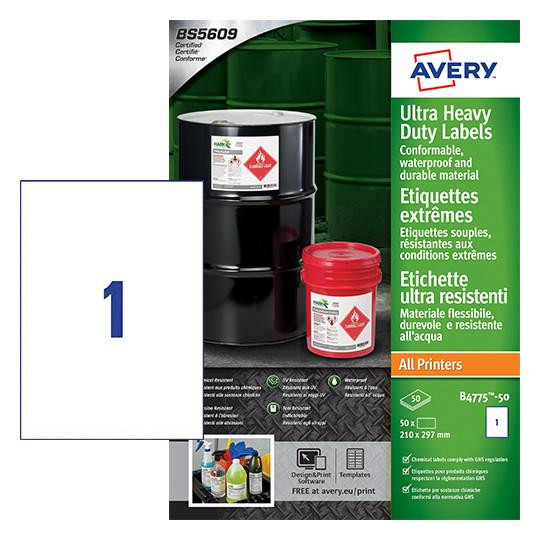 CW Office Avery Ultra Resistant Labels, product packaging featuring black ink drums, red chemical container, and a white label sheet, emphasizing durability and resistance for professional labeling.