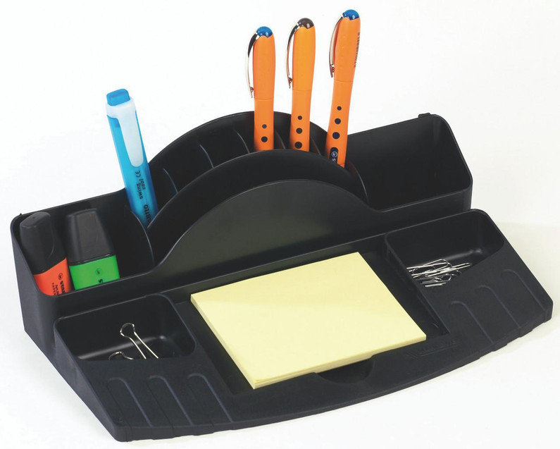 CW Office Avery Original Desk Tidy Black - 88MLBLK, a black desk organizer with multiple compartments containing pens, highlighters, sticky notes, paper clips, and binder clips.
