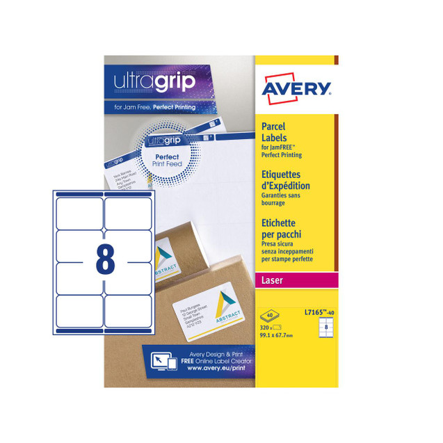 Product CW Office Avery Laser Parcel Label 99x67.7mm 8 Per A4 Sheet White, package of 320 labels on a sheet with blue border design and the number 8 indicating eight labels per sheet.