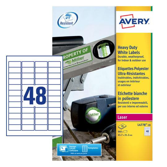 CW Office Avery Laser Heavy Duty White Labels, 45.7x21.2mm, 48 Labels per A4 Sheet, Pack of 960, featuring durable, waterproof, and indoor/outdoor use capabilities.