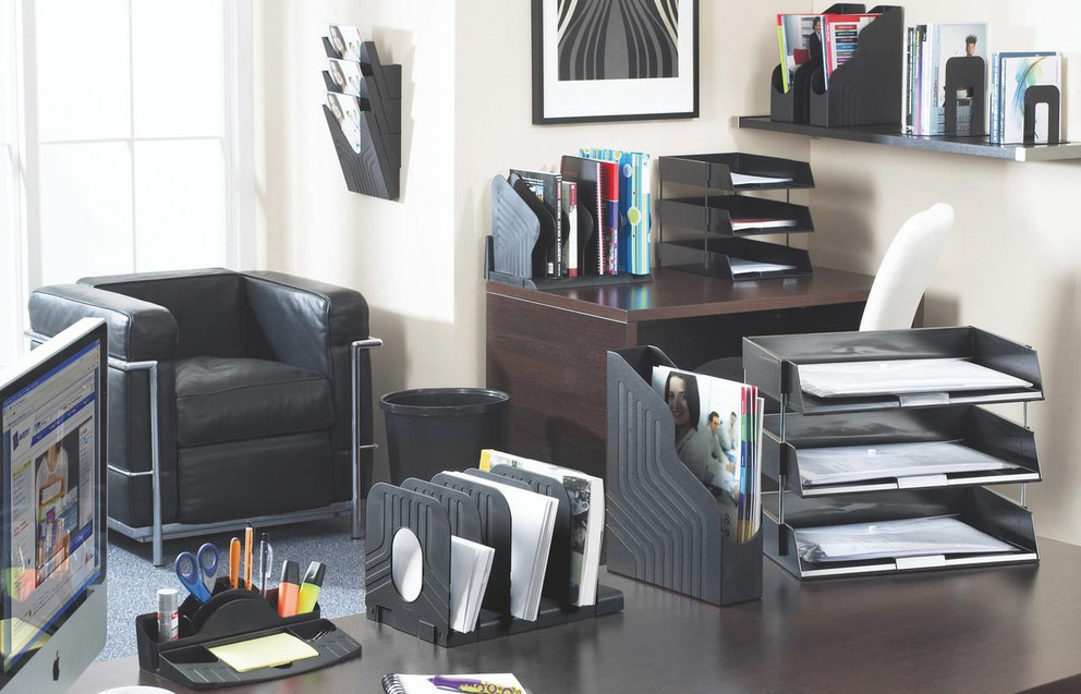 CW Office Avery Original Book Rack Extendable 6 Section Black - 66MLBLK, black multi-tier extendable book rack in an office setting to organize documents and files efficiently.