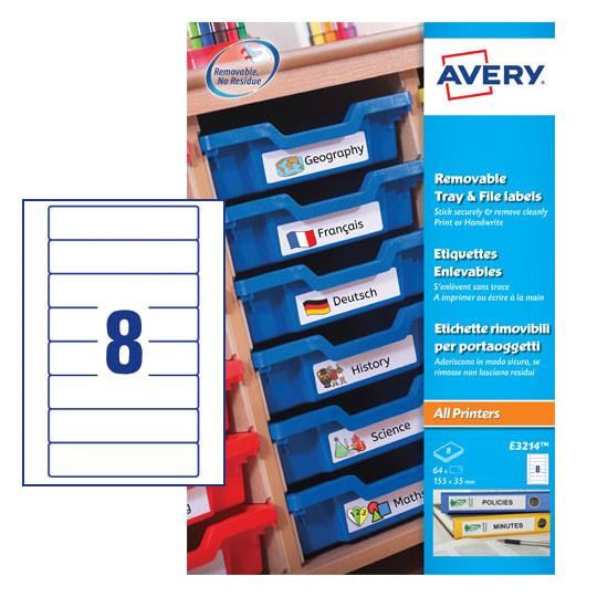 CW Office Avery UK Removable Tray & File Labels, pack of 64 white labels measuring 155 x 35 mm with colorful designed tabs for organizing folders.