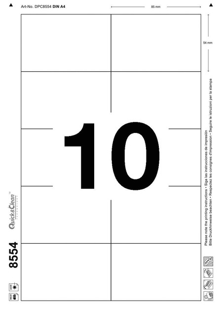 CW Office Avery Printable Inserts 85mm x 54mm, all printer types, 100 inserts on 10 sheets, product image showing layout and measurements.