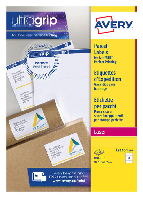 Product CW Office Avery Laser Parcel Label 99x67.7mm 8 Per A4 Sheet White (Pack 800 Labels) L7165-100, colorful packaging with labels on paper and packaging boxes, emphasizing high-quality parcel labels for professional shipping.