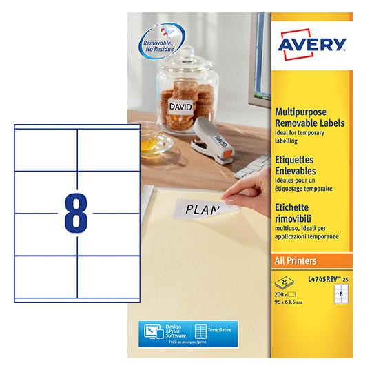 CW Office Avery Multipurpose Mini Removable Label 96x63.5mm 8 Per A4 Sheet White (Pack 200 Labels) L4745REV-25, image of sheet with 8 labels per sheet, adhesive removable labels ideal for temporary labeling.