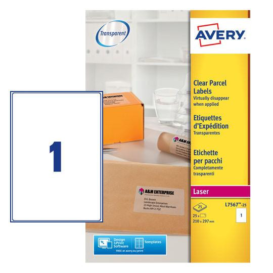 Product CW Office Avery Laser Parcel Labels 210x297mm 1 Per A4 Sheet Clear, packaging of 25 labels with one label applied on a package in the image.