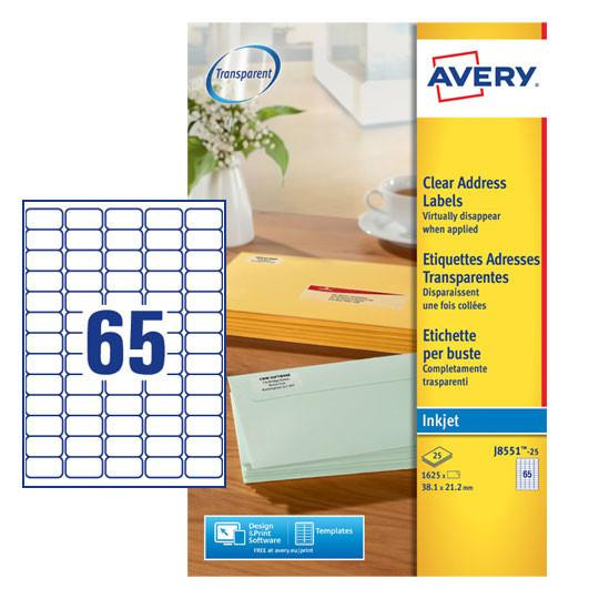 CW Office Avery Inkjet Mini Label 38.1x21.2mm 65 Per A4 Sheet Clear, Pack 1625 Labels, image of the label sheet with 65 clear labels on a printed sheet, and packaging featuring product details and branding.