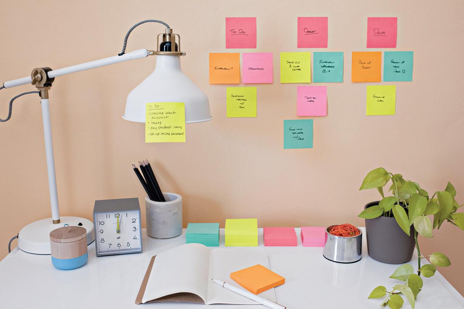 Post-it Post-It Super Sticky Notes 47.6x47.6mm 90 Sheets Cosmic Colours pack of 12, colorful sticky notes on a wall and desk for organization and reminders