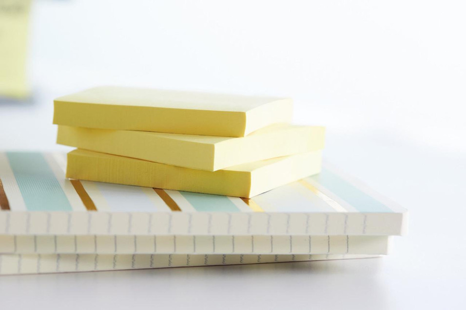 Post-it Recycled Notes 38 mm x 51 mm Canary Yellow (Pack 24), stacked yellow sticky notes on notepads with white background.
