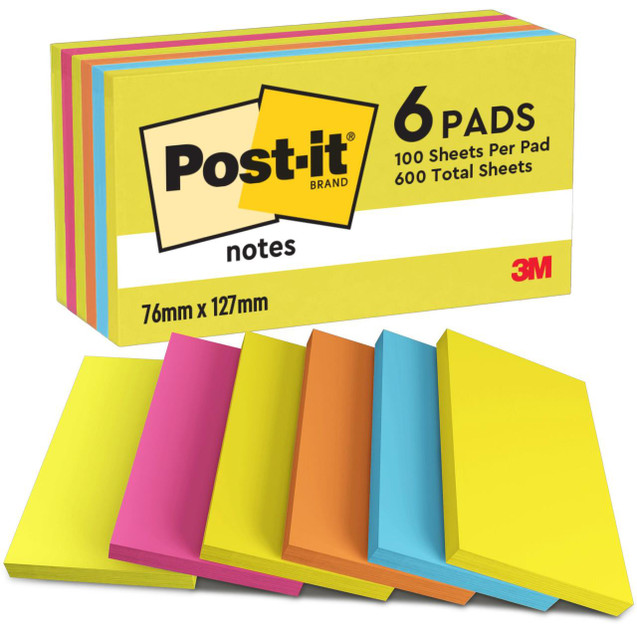 Post-it Notes, 76x127mm, set of 6 packs in energetic colors including yellow, pink, orange, blue, and yellow, each with 100 sheets, totaling 600 sheets