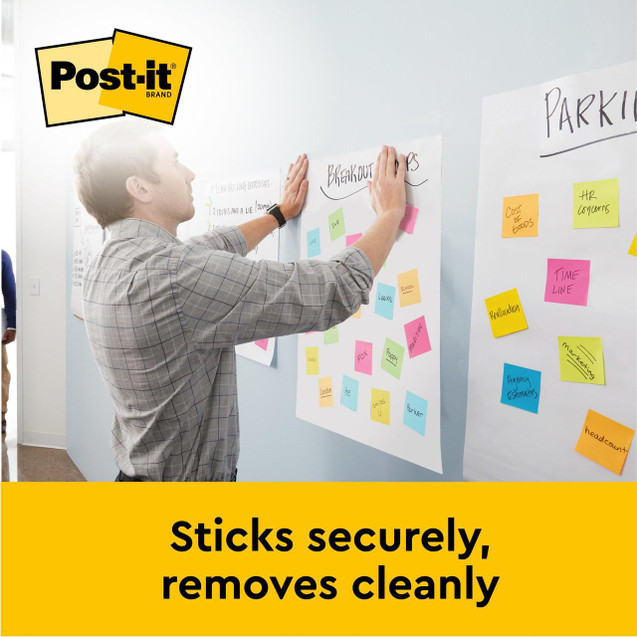 Post-it Table Top Meeting Chart Flipchart Pad Plain 584x508mm 20 Sheets White, person placing sticky notes on the white flipchart paper for meeting organization.
