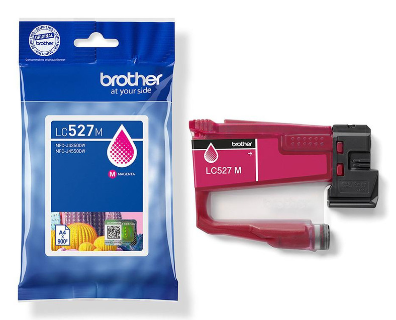 Brother LC-527M Magenta Ink Cartridge High-capacity (900 pages), image of the magenta ink cartridge and its packaging.