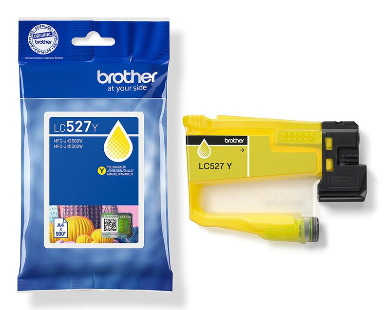 Brother LC-527Y Yellow Ink Cartridge High-capacity (900 pages), image of the yellow ink cartridge beside its packaging.