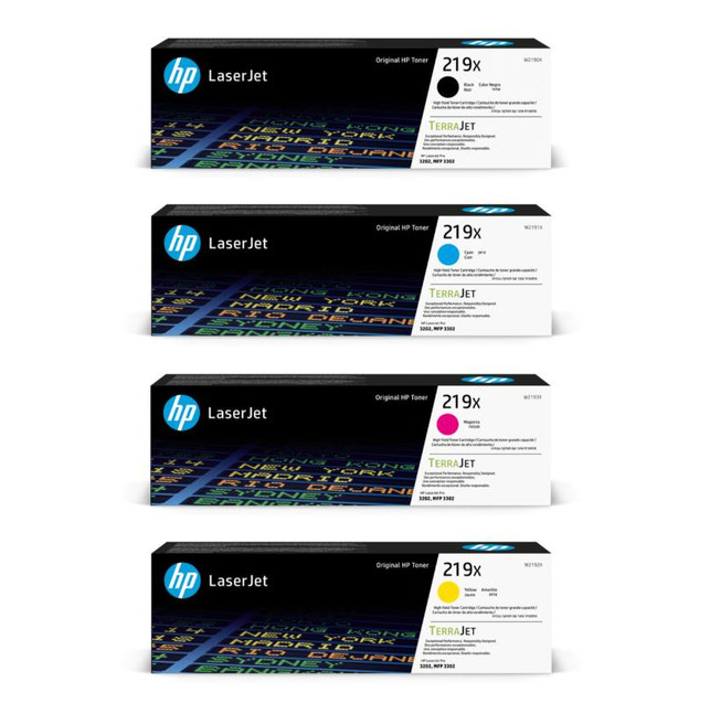 HP 219X High Yield 4 Colour Toner Multipack, image showing four boxes of toner cartridges in cyan, magenta, yellow, and black for HP LaserJet printers.