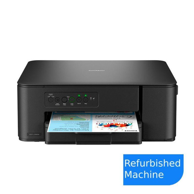 Brother DCP-J1260W Colour Inkjet Printer (A Grade), refurbished black inkjet multifunction printer with control panel and printing paper loaded.