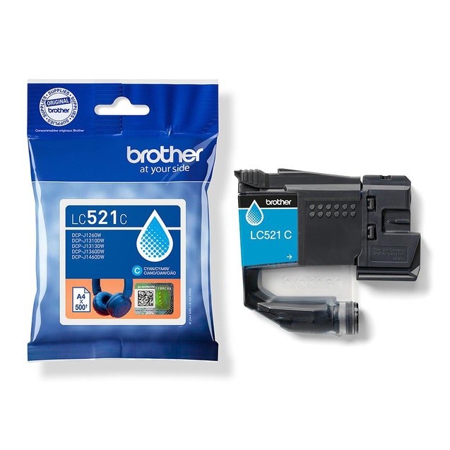 Brother LC-521C Ink Cartridge Cyan, image of a blue packaged ink cartridge with a Brother label, and the cyan ink cartridge itself next to the package.