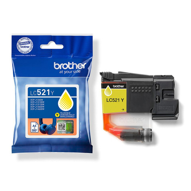 Brother LC-521Y Yellow Ink Cartridge, unopened packaging and the ink cartridge shown beside it.