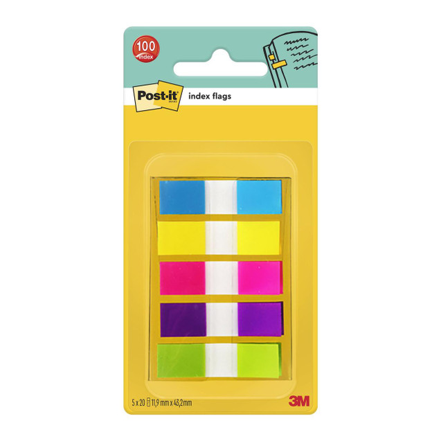 Product CW Office Post-it® Index Flags Small Assorted Neon Colours 11.9 mm x 43.2 mm, 100 Flags per Dispenser, colorful sticky index flags in blue, yellow, pink, purple, and green on a yellow dispenser pack.