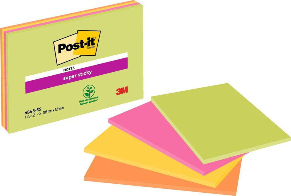 Product CW Office Post-it® Super Sticky Meeting Notes Assorted Neon Colours 203 mm x 152 mm, 45 Sheets/Pad, 4 Pads/Pack, colorful neon sticky notes with PEFC certification.