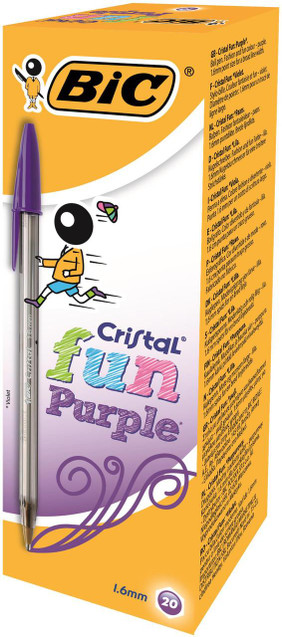 CW Office BIC Cristal Fun Purple Ballpoint Pen Large Pack of 20, purple ballpoint pen with colorful cartoon character and playful design packaging
