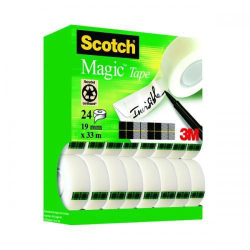 CW Office Scotch® Magic Tape Value Pack 19 mm x 33 m with 24 rolls, transparent adhesive tape for office and household use, featuring 3M branding and product packaging.