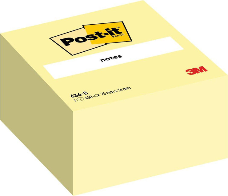 CW Office Post-it® Notes Cube 636-B Canary Yellow 76 mm x 76 mm, image of a box of 450 sheets of yellow Post-it notes, with Post-it brand logo and product information.