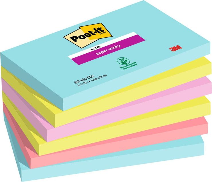Post-it® Super Sticky Notes Cosmic Colour Collection, colorful sticky note pads in yellow, pink, and purple, with 76mm x 127mm size, 90 sheets per pad, 6 pads per pack, eco-friendly and SGS certified.