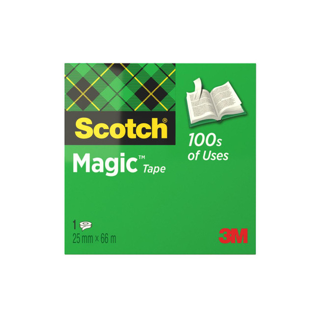 CW Office Scotch® Magic Tape 25 mm x 66 m, 1 Roll/Pack, the green package with a black and yellow checkered design and an illustration of an open book, suitable for office and household tasks.