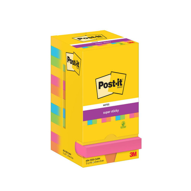 Product CW Office Post-it® Super Sticky Notes Carnival Colour Collection, a pack of 12 vibrant pads with 90 sheets each, featuring colorful sticky notes in 76 mm x 76 mm size, eco-friendly cardboard packaging, and 3M branding.