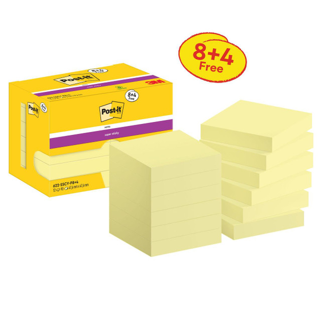 Product CW Office Post-it® Super Sticky Notes Canary Yellow 47.6 mm x 47.6 mm Promo Pack, yellow sticky notes with 90 sheets per pad, 8 + 4 free pads, available in cardboard packaging, eco-friendly and SGS-certified.