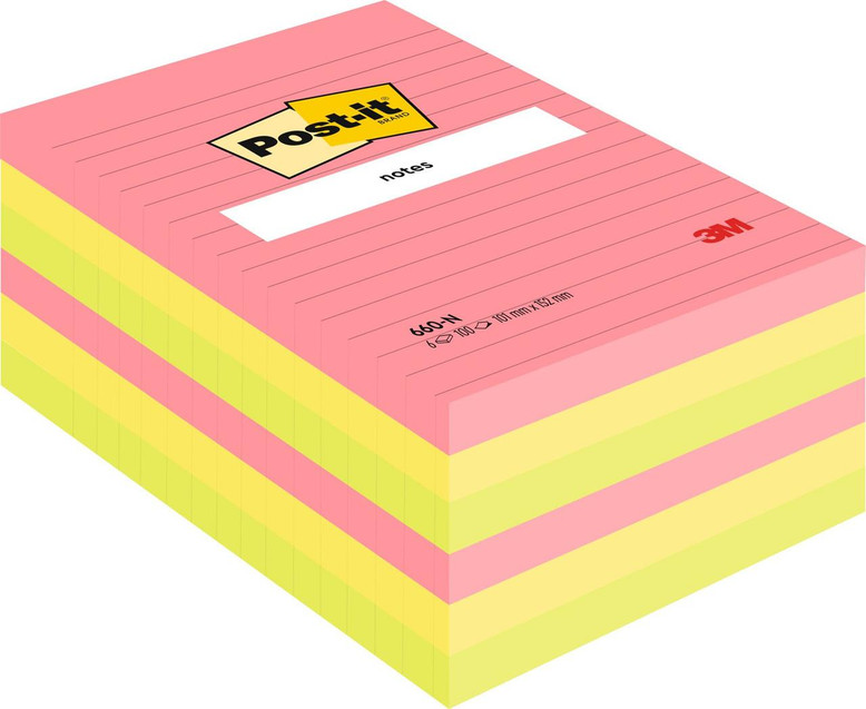 Post-it® Large Notes Assorted Neon Colours Lined 101 mm x 152 mm, 100 Sheets/Pad, 6 Pads pack, environmentally friendly with PEFC certification.