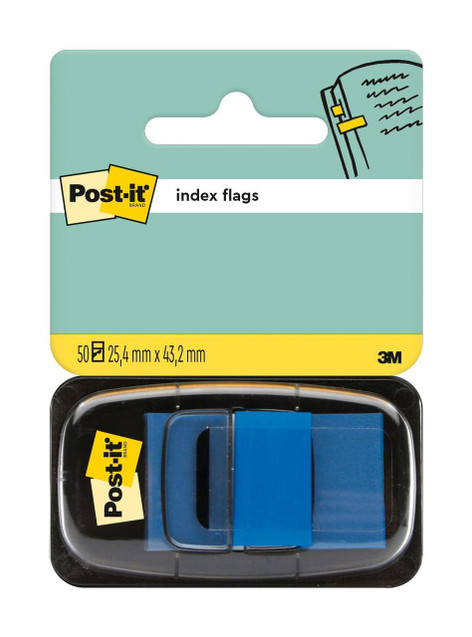 CW Office Post-it® Index Flags Medium Blue 25.4 mm x 43.2 mm, 50 Flags per Dispenser, 1 Dispenser per Pack, blue index flags on a pack with a dispenser and a label showing the product details.