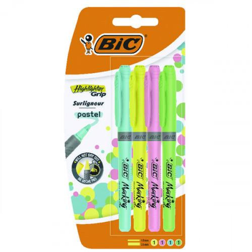 CW Office BIC Highlighter Grip Assorted Pastel Pack of 4, image shows four highlighter pens in pastel green, pink, purple, and bright green with grip features in packaging.