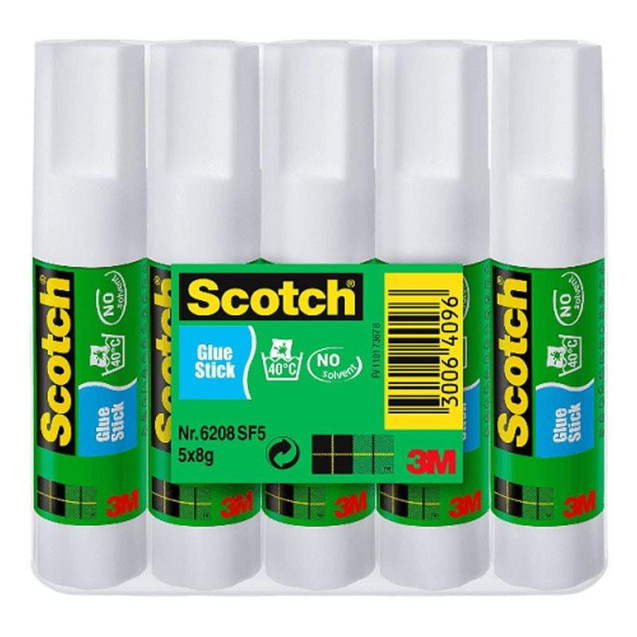 Product CW Office Scotch® Permanent Glue Stick 5 Sticks 8 g, image of five white glue sticks wrapped together in packaging with green and yellow labels.